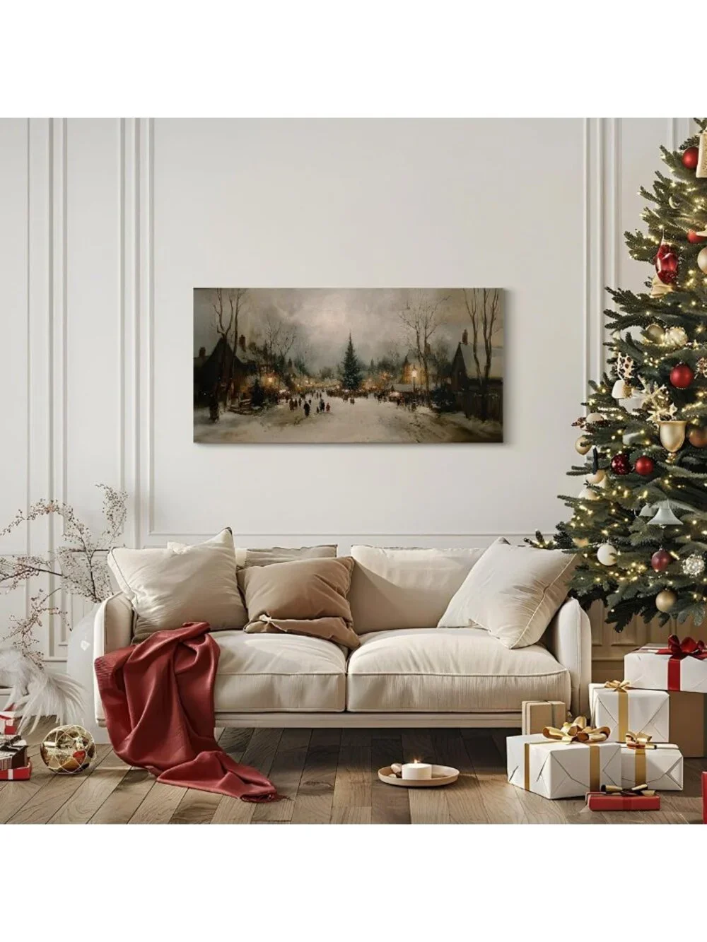 Rustic Farmhouse Vintage Winter Wall Art - Large Framed Canvas Decor, 40x20